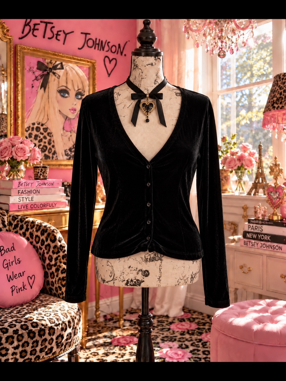 Vintage Betsey Johnson Black Velvet Long-Sleeve Button Cardigan